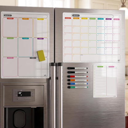 Magnetic Calendar for Fridge, Dry Erase Weekly Planner, 13" x 16.9" | Strong Magnetic Hold, Vertical Weekly Layout, Large Daily Spaces, Easy to Clean, Color-Coded, Dual-Magnet Markers & Eraser