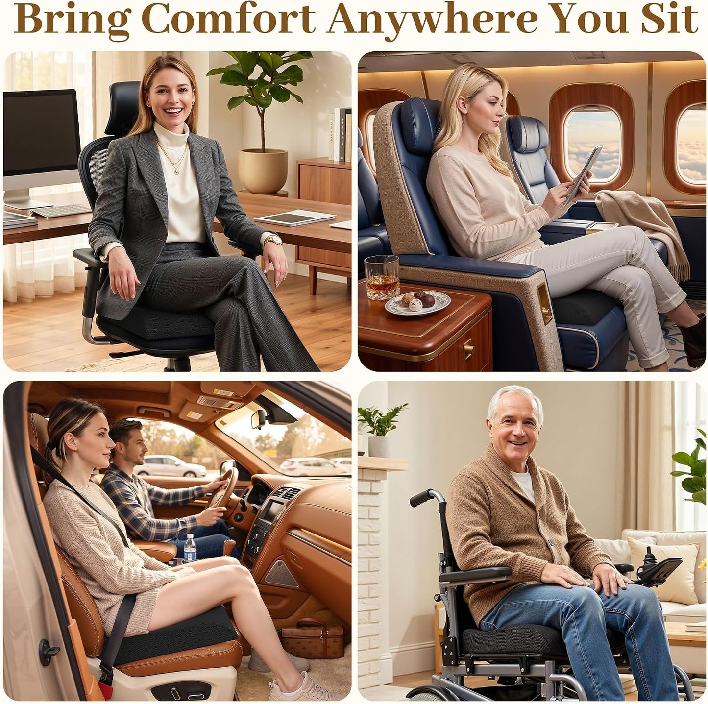 TranquilRelax Memory Foam Seat Cushion for Office Chair, 3-Inch, Black | Medium-firm Support for Long Sitting, Washable Mesh Cover, Non-slip Base, Perfect for Car Seats & Short Drivers