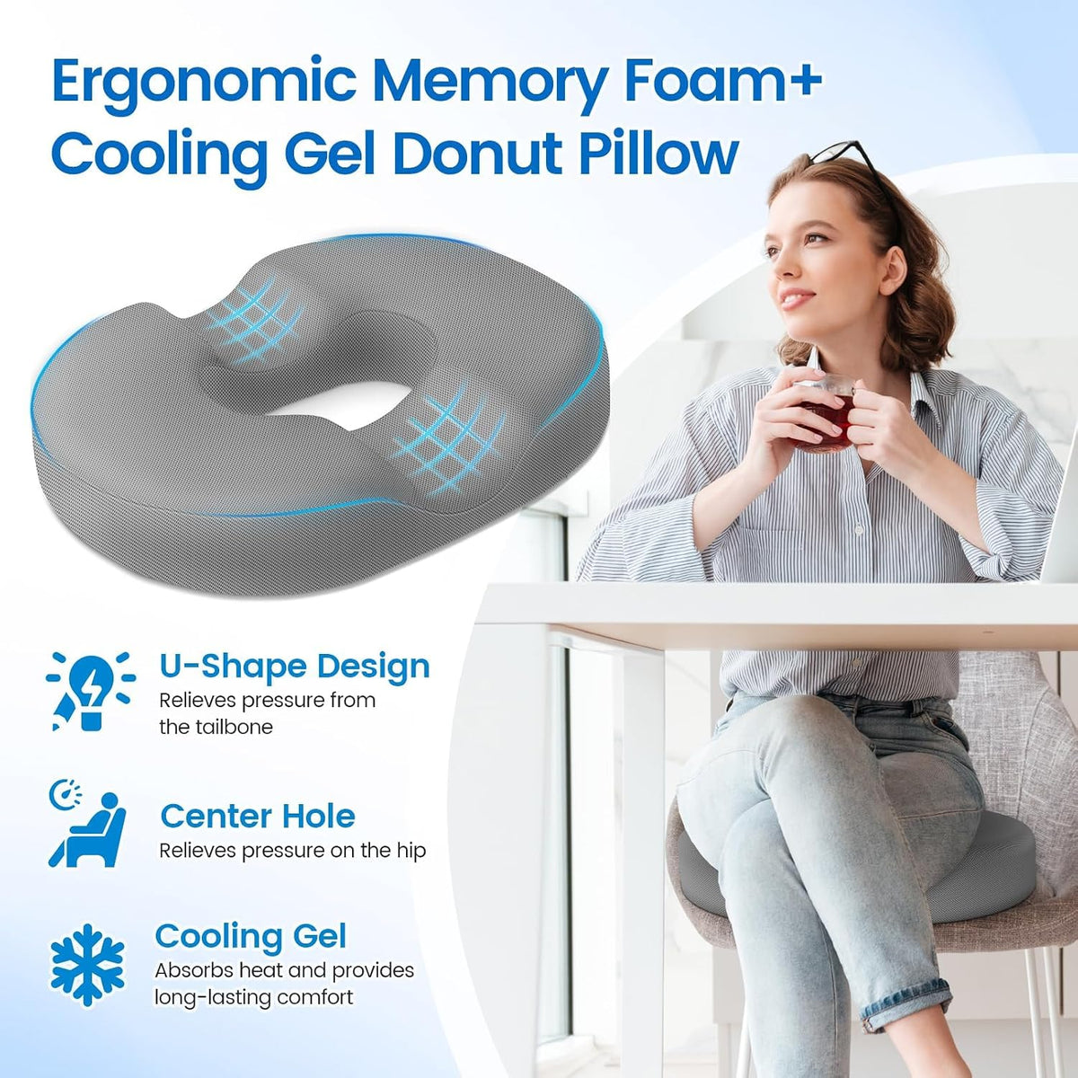 Donut Pillow Seat Cushion, Cooling Gel Memory Foam Chair Cushion, Black