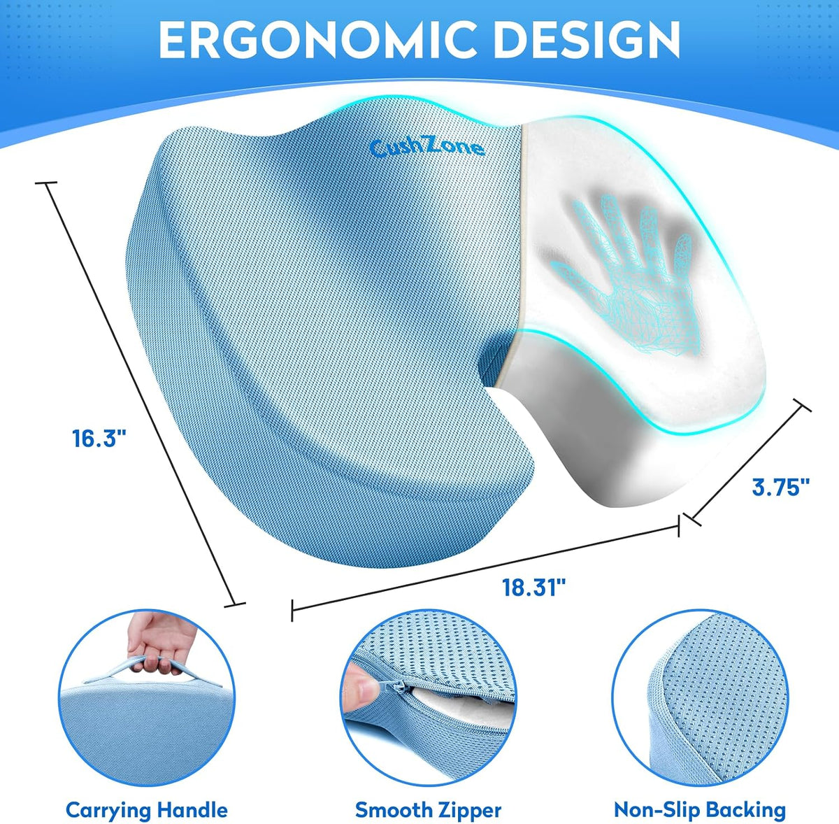 CushZone Seat Cushion Memory Foam Chair Pad for Office & Car, Black