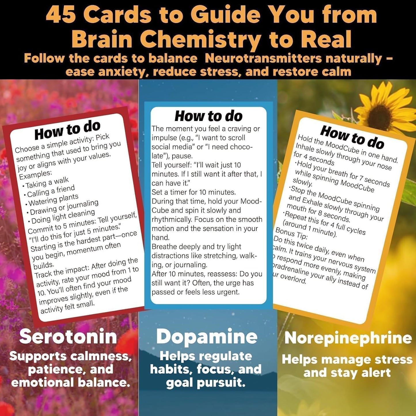 Self Care Cards for Anxiety Relief with MoodCube Spinner, 45 Science-Inspired Mindfulness Exercises for Adults, Relaxation & Emotional Wellness Gift for Friends, Colleagues & Family