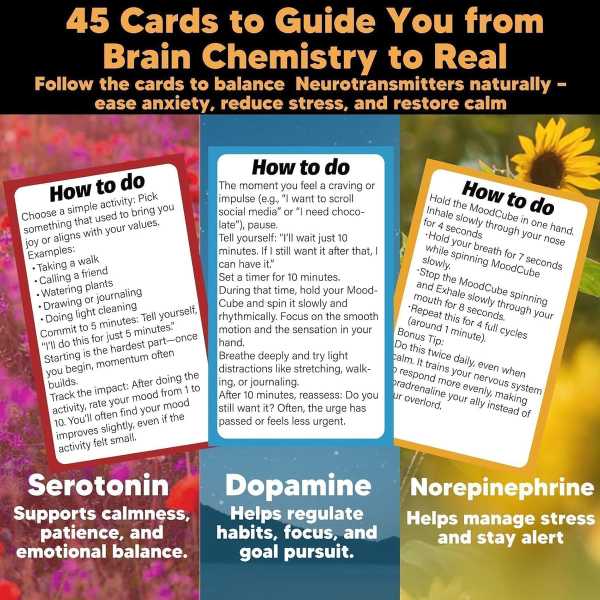 Self Care Cards for Anxiety Relief with MoodCube Spinner, 45 Science-Inspired Mindfulness Exercises for Adults, Relaxation & Emotional Wellness Gift for Friends, Colleagues & Family