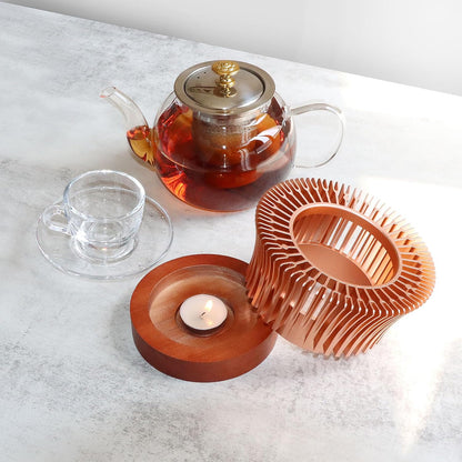Tea Warmer, Aluminum Alloy & Wood, for Heating Tea Coffee Milk | Magnolia Flower Design, Golden, Short Teapot Warmer for Indoor & Outdoor