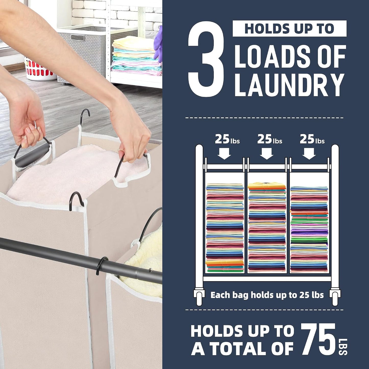 STO STO Laundry Sorter 3 Section, 3 Bag Clothes Hamper, Rolling Laundry Cart Basket with Heavy Duty Lockable Wheels and Removable Bag for Laundry Room, Bedroom, Closet, Black