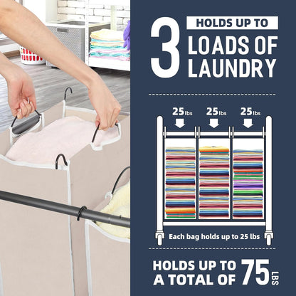 STO STO Laundry Sorter 3 Section, 3 Bag Clothes Hamper, Rolling Laundry Cart Basket with Heavy Duty Lockable Wheels and Removable Bag for Laundry Room, Bedroom, Closet, Black