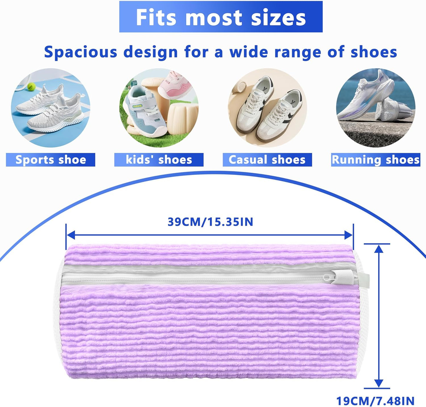 Reusable Shoe Washing Bag, 2-Pack Chenille Laundry Bag for Washer & Dryer. | Soft chenille fibers help deep clean sneakers while the hidden zipper keeps shoes secure and helps protect your washer.