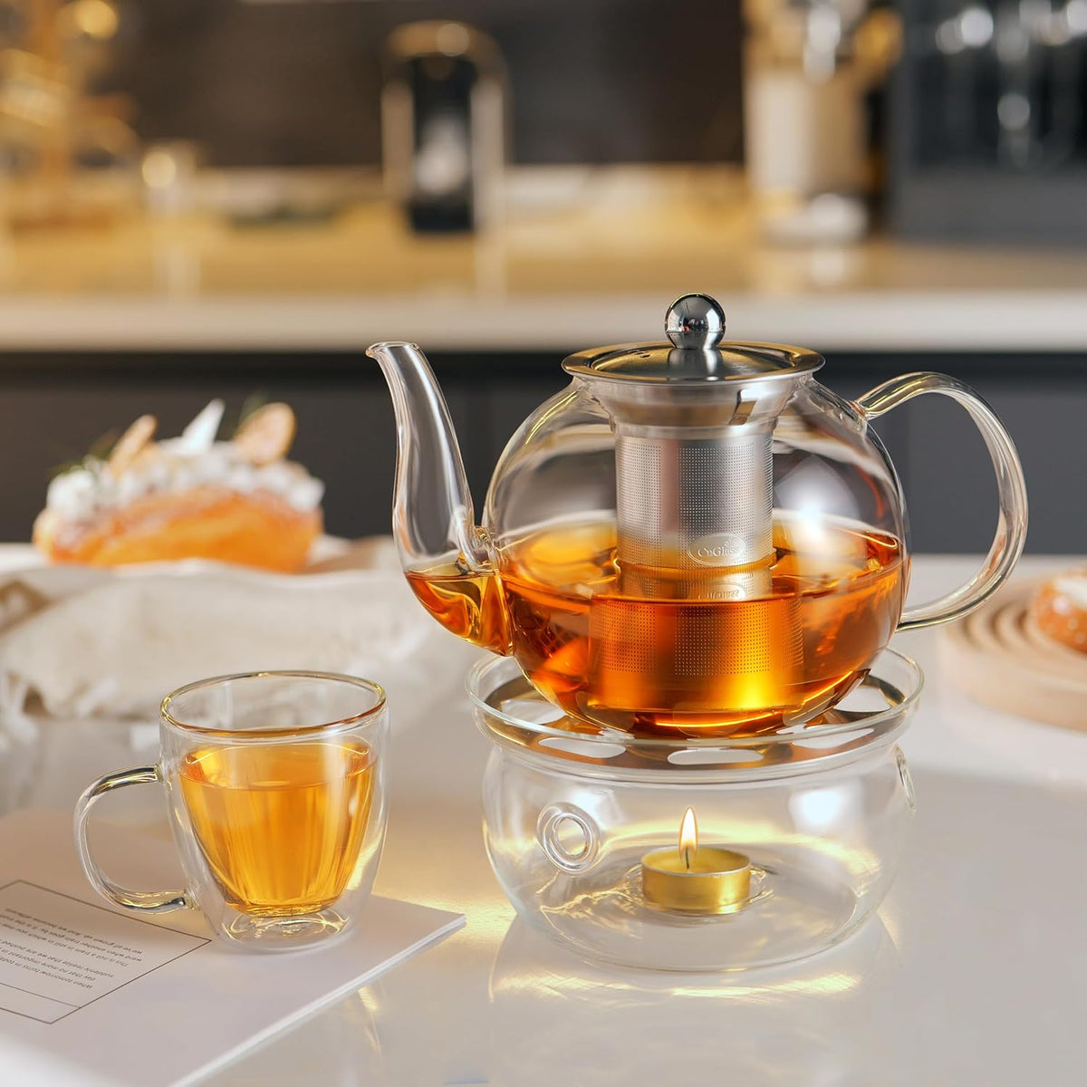 CNGLASS 40oz Glass Teapot with Removable Infuser,Clear Tea Kettle Stovetop Safe,Blooming and Loose Leaf Tea Maker Set