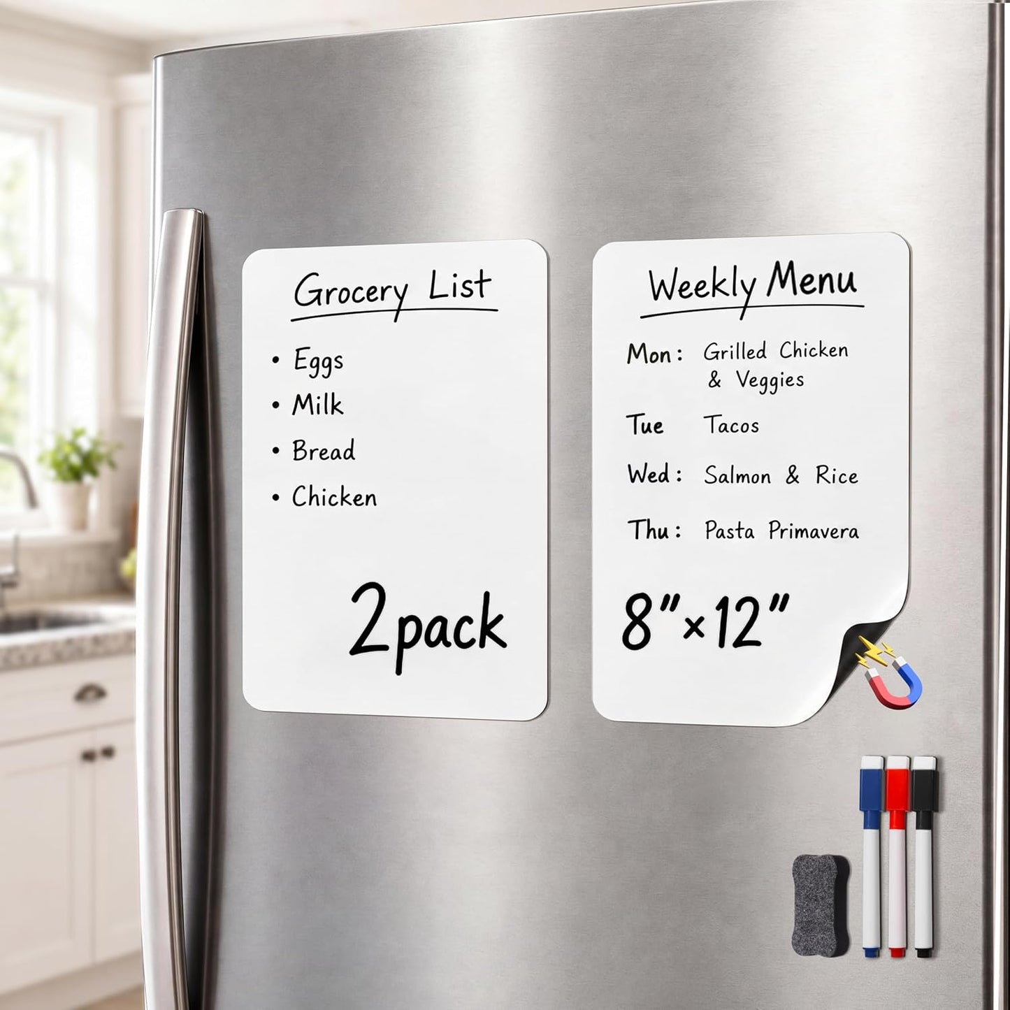 Magnetic White Board for Refrigerator Plan Weekly Menus at a Glance | Dry Erase Sheet for Meal Schedules - 12" x 8" Kitchen Command Center for Busy Moms with Magnet Backing Packed Flat