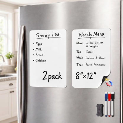 Magnetic White Board for Refrigerator Plan Weekly Menus at a Glance | Dry Erase Sheet for Meal Schedules - 12" x 8" Kitchen Command Center for Busy Moms with Magnet Backing Packed Flat