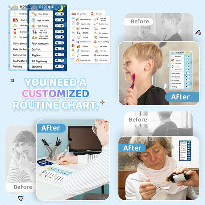 Chore Chart for Kids: Dry Erase Visual Schedule, Magnetic Bedtime/Morning Routine Chart - Toddler Chore Board, Checklist, To Do List for Kids (2 morning checklists, 2 bedtime checklists)