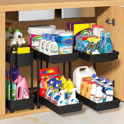3-Pack 2-Tier Under Sink Organizers with Sliding Drawers | Multi-use kitchen & bathroom storage, 12.8 inch black cabinet organizer, space-saving sliding drawer design.