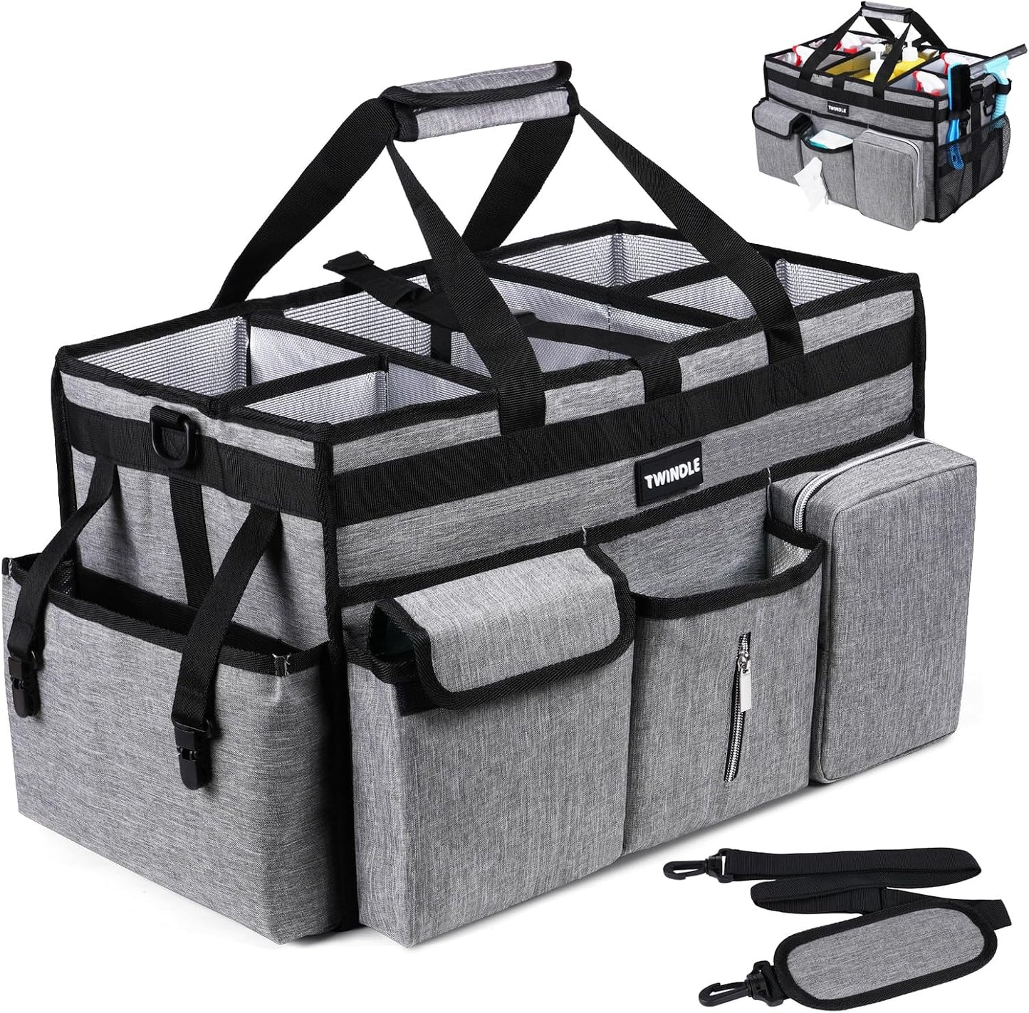 Extra Large Cleaning Caddy Bag with Built-In Support Board, Cleaning Tote Organizer with Removable Divider, Supply Carryall with Adjustable Shoulder Strap and Waist Belt for Cleaners & Housekeeper