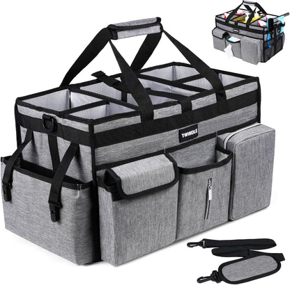 Extra Large Cleaning Caddy Bag with Built-In Support Board, Cleaning Tote Organizer with Removable Divider, Supply Carryall with Adjustable Shoulder Strap and Waist Belt for Cleaners & Housekeeper