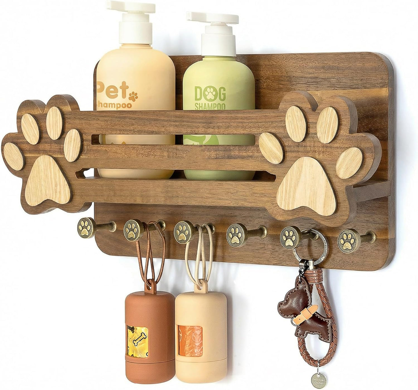 MTERSN Dog Leash Holder for Wall with Wall Shelf for Dog Lover, White | 3D Paw-print Design, Mail Holder for Wall with 6 Hooks for Dog Leash & Sunglasses, Put Dog Food Container, Rustic Home Decor