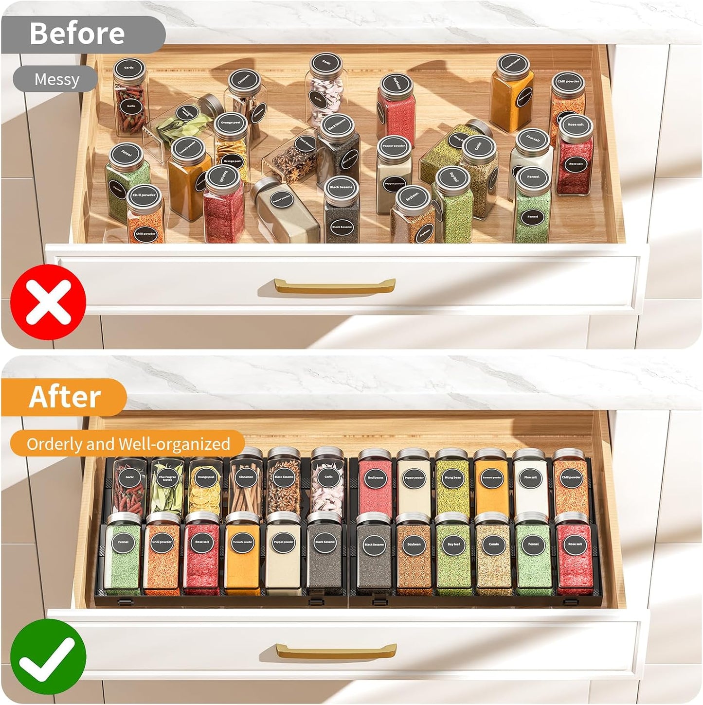 RCHYFEED 4 Pack Spice Drawer Organizer (Need 3.5" Deep Drawer) | Non-Slip Drawer Spice Rack Free Combination, Adjustable Spice Rack Drawer Insert, Spice Organization for Drawer