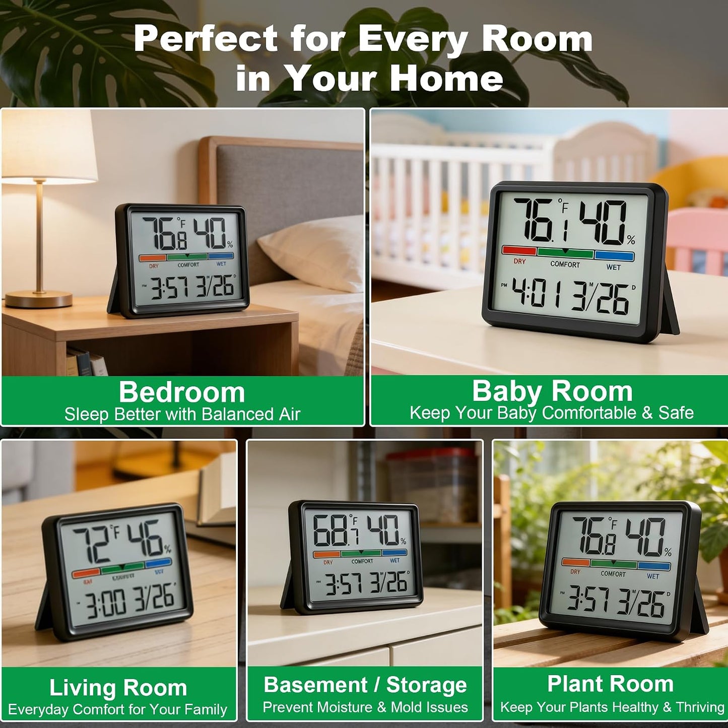 Digital Hygrometer Indoor Thermometer, Clock with Temp & Humidity, Temp Gauge with Comfort Indicator, Wall/Magnetic/Desk Alarm Clock for Bedroom, Baby Room, Office, Kitchen, Garage (Black)