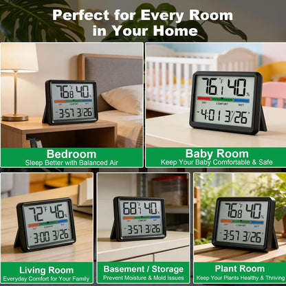 Digital Hygrometer Indoor Thermometer, Clock with Temp & Humidity, Temp Gauge with Comfort Indicator, Wall/Magnetic/Desk Alarm Clock for Bedroom, Baby Room, Office, Kitchen, Garage (Black)