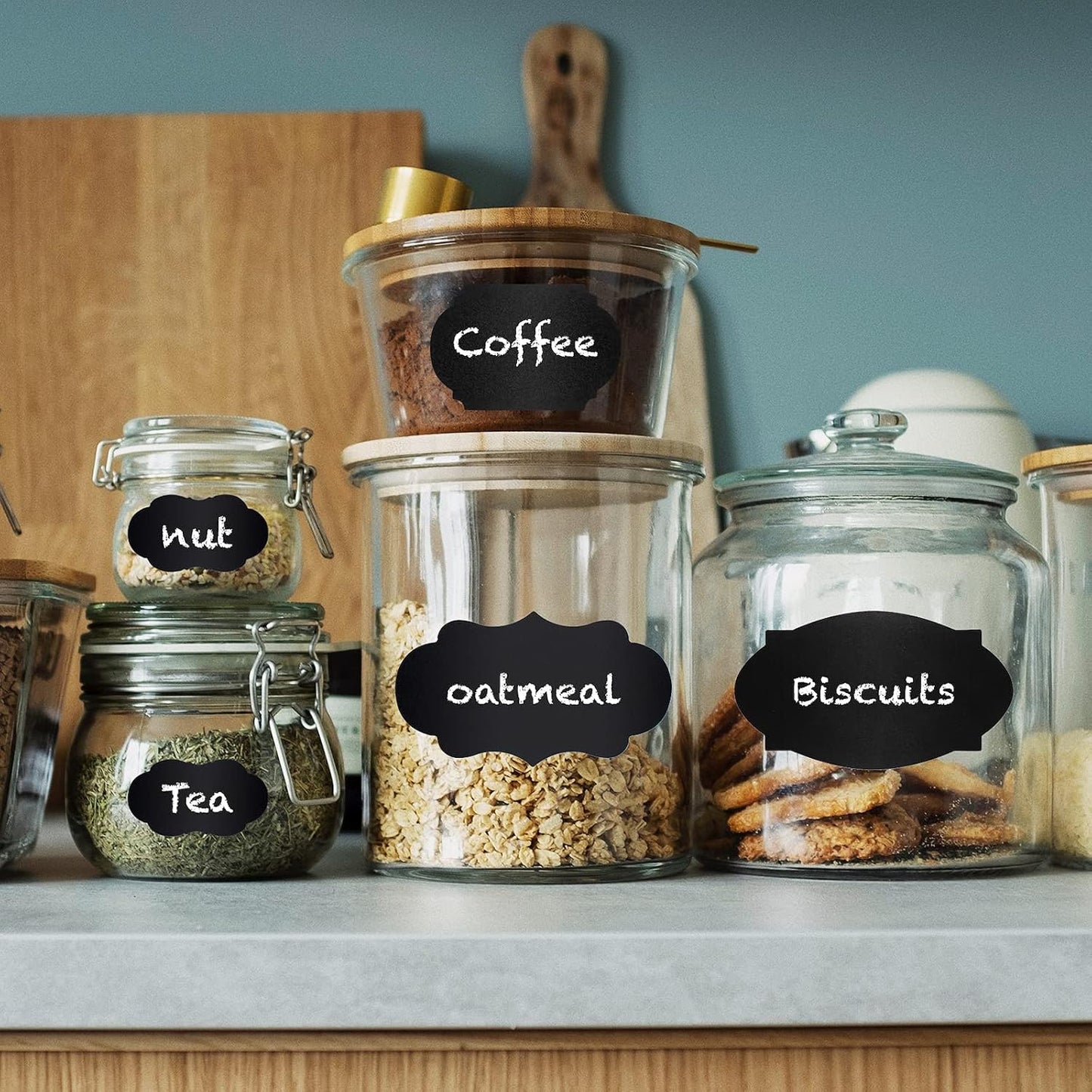 ONUPGO Chalkboard Labels Stickers Bulk - 196 Reusable Chalk Sticker Labels with Erasable Chalk Maker, Removable Waterproof Blackboard Labels for Containers, Glass, Mason Jar Labels | Removable, Waterproof, Reusable Chalk Labels, For Storage Bins & Food