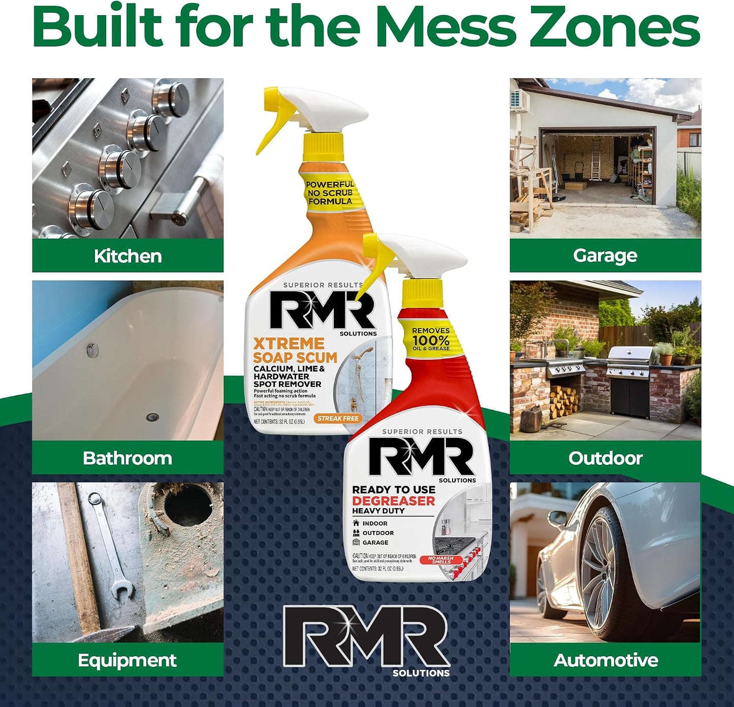 RMR Grease & Grime Eraser Kit – Degreaser & Cleaner + Xtreme Soap Scum Remover, Fast-Acting Kitchen & Bathroom Cleaning System for Grease, Soap Scum, Calcium & Hard Water Buildup, 2–32 Oz Bottles