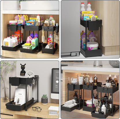 3-Pack 2-Tier Under Sink Organizers with Sliding Drawers | Multi-use kitchen & bathroom storage, 12.8 inch black cabinet organizer, space-saving sliding drawer design.