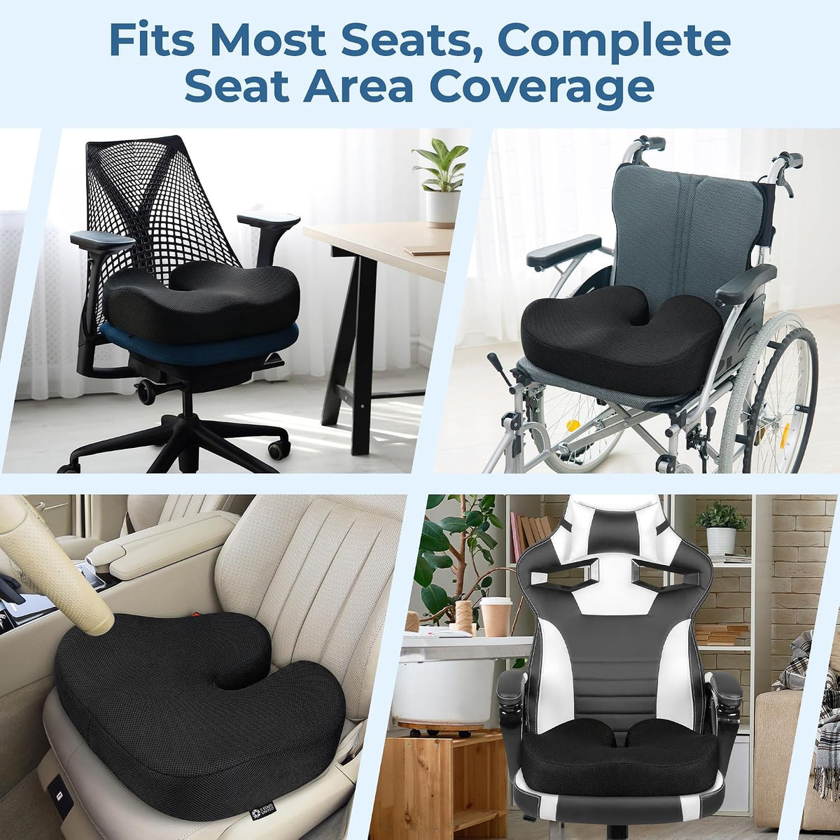 5 STARS UNITED Seat Cushion - Memory Foam Chair Cushion for Tailbone Pain Relief - Ergonomic Support for Coccyx, Sciatica & Butt - Office, Desk & Gaming Chair, Car Seat, Wheelchair, Airplane, Black