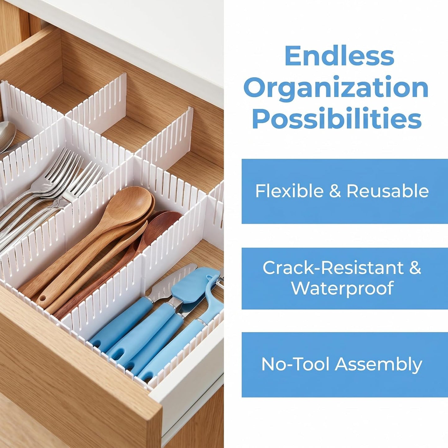 Adjustable Plastic Drawer Separators, 15 PCS Dividers + 25 Connectors, 14.96" Length x 4.33" Height, Cuttable Storage Organizer for Socks, Garments, Kitchen Tools, Bedroom & Bathroom Drawers
