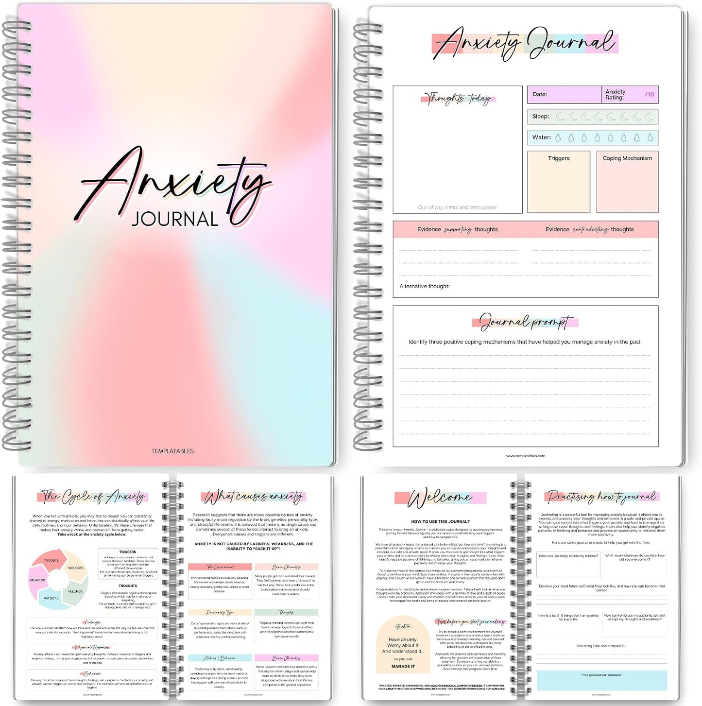 Templatables Anxiety Journal for Adults – CBT Therapy Workbook with Guided Prompts, Trigger Tracker, Sleep & Hydration Logs | Undated A5 Mental Health Notebook for Anxiety Relief & Stress Management