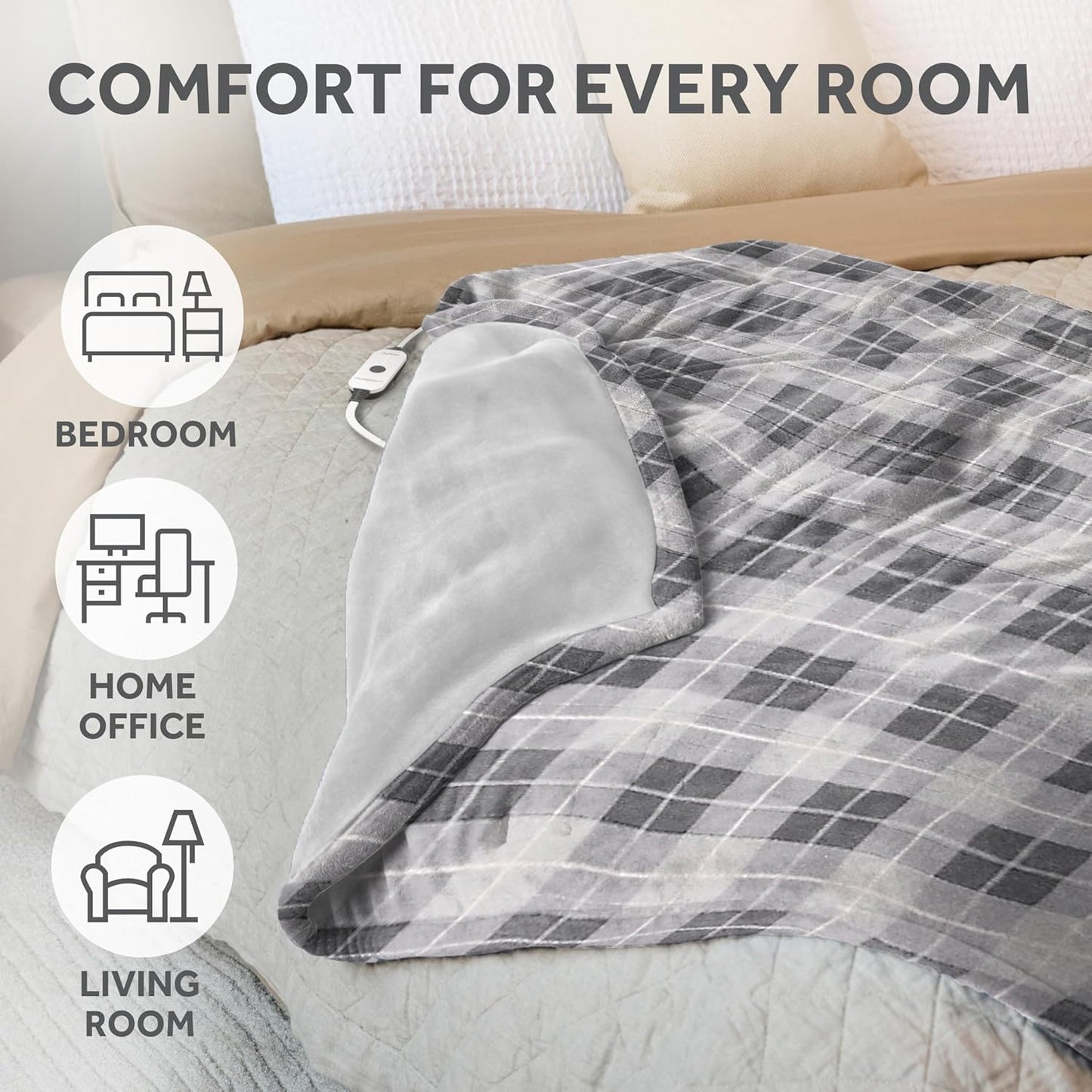 Sunbeam Electric Throw Royal Luxe Microplush Heated Blanket, 4 Heat Settings, 4-Hour Auto Shut-Off, Fast Heating, Warm and Cozy, Walnut Color, 50" x 60"