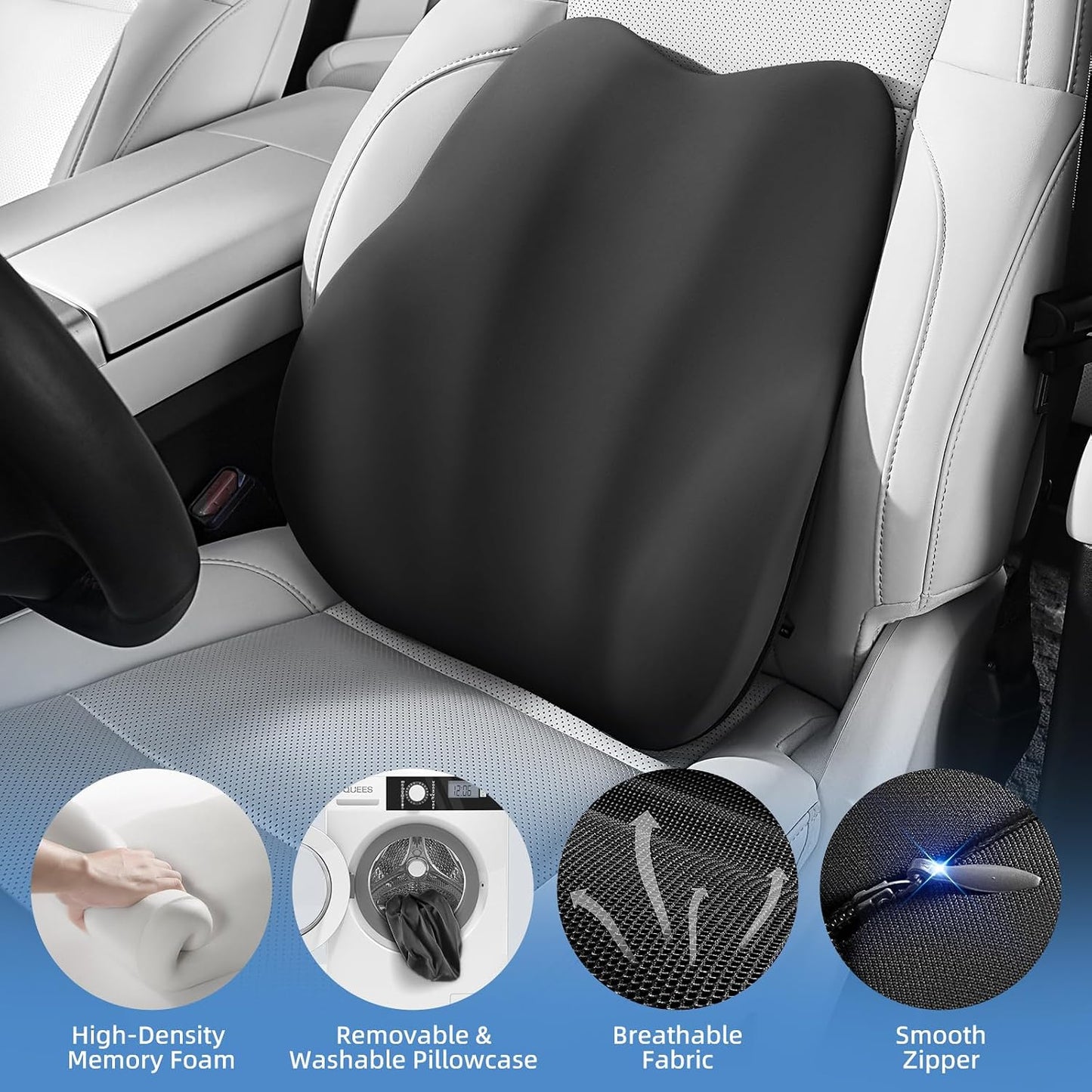 BEBAS Ergonomic Lumbar Support Pillow for Car, Memory Foam Car Back Cushion | Comfort Lumbar Pillow for Back Pain Relief, Breathable Washable Cover, Fits for Driving, Office, Wheelchair, Black