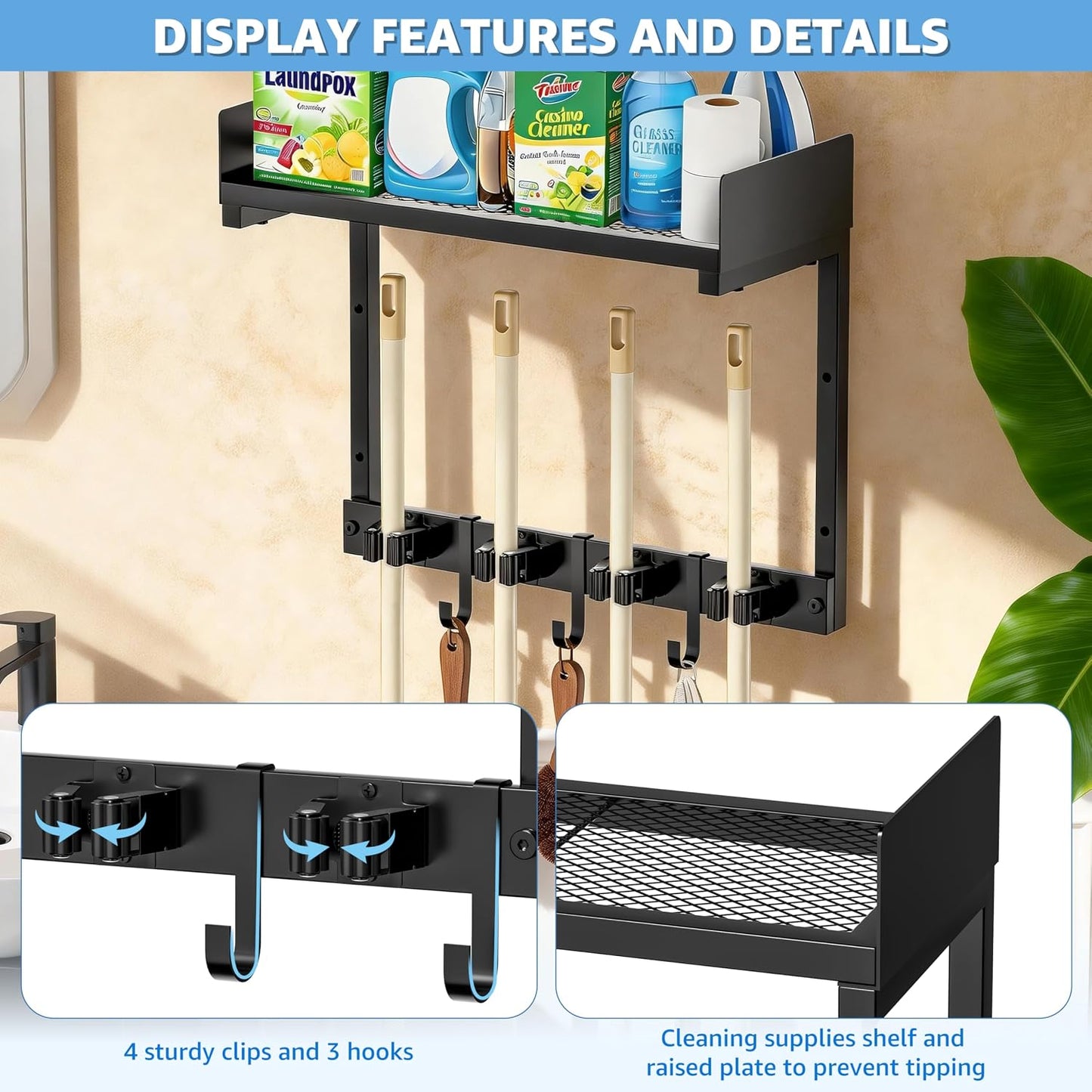27" Mop and Broom Holder Wall Mount with Top Storage Shelf & Hooks,Black | Mop Hanger Wall Mount, 5 Grippers, 5 Hooks, Wall Organizer For Laundry Room, Garage And Kitchen