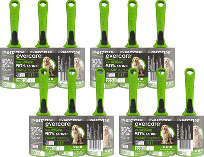Evercare Pet Hair Lint Rollers All Purpose Use 100 Easy-Tear Sheets Per Roll Reusable Sticky Roller Pets Cat & Dog Hair Remover Contoured Handle For Furniture Clothing & Cars, Set of 3, Green