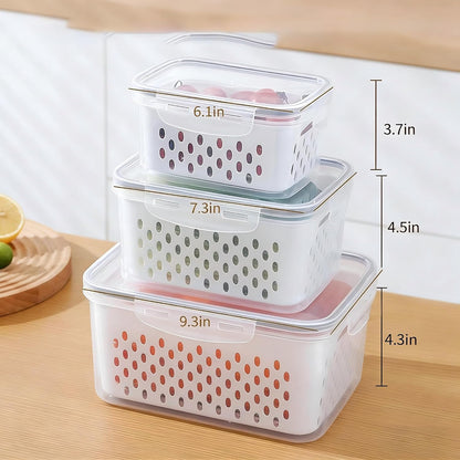 4 in 1 Food Storage Container-2/3 Pack Set with Lids, Fruit Storage Containers for Fridge with Removable Colander,Stackable Fridge Transparent Plastic Storages Box, Dishwasher Safe (Gray, S+M+L)