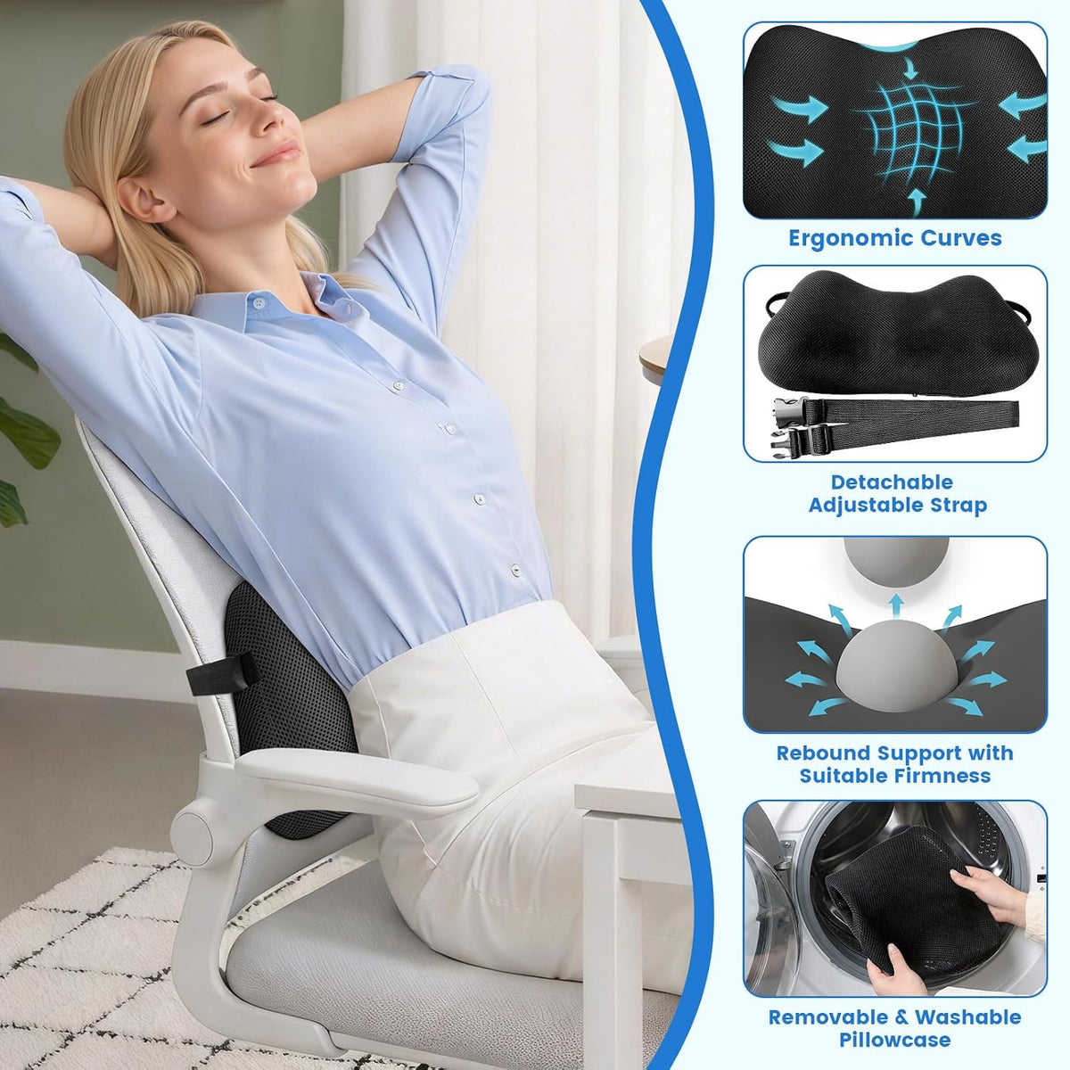 Lumbar Support Pillow, Memory Foam Back Cushion for Office Chair Car, Black