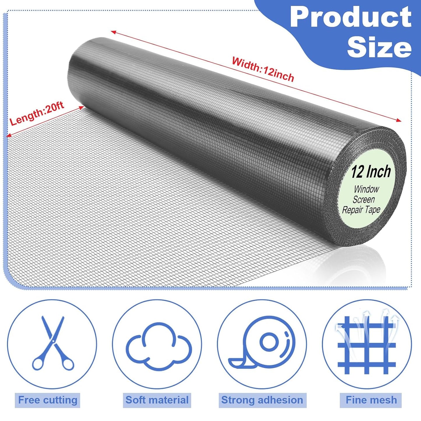 CroBlissful 5 Inch X 20 ft Extra Wide Window Screen Tape Mesh Repair, Gray | Strong Adhesive, Waterproof Fiberglass, Screen Repair Kit Patch, for Window Door Tears Holes