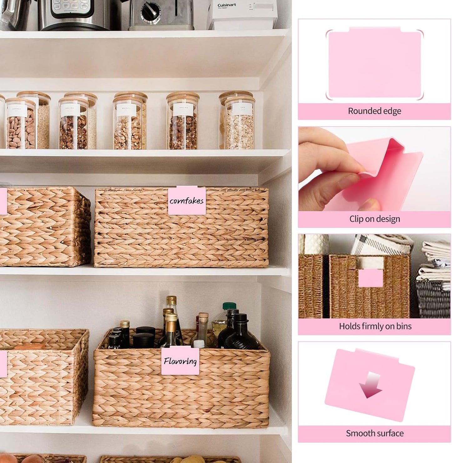 13Pcs White Clip-On Basket Labels Set with Chalk Marker, Reusable Pantry Bin Labels for Kitchen, Closet & Storage Organization