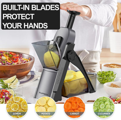 SupMaKin Safe Mandoline Slicer for Kitchen,Adjustable Potato Slicer 1-8 mm | for Vegetables Fruits Slicer with Container, Stainless Steel Blades,Faster Slicer Artifact Kitchen Gadgets Dishwasher Gifts