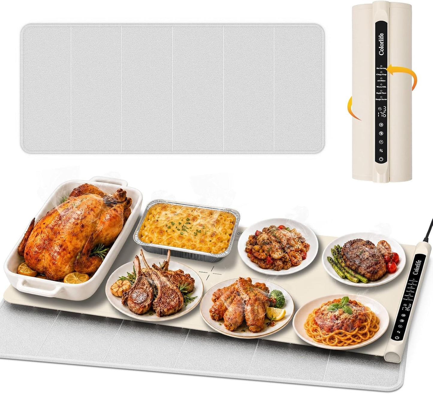 Warming Mat for Food, Electric Warming Tray with Heat-Resistant Pad-L Grey | Colorlife 6 Preset Modes, 7 Temps, 6H Timer, Child Lock, Auto-Memory, Rollable Silicone Food Warmer for Buffet, Parties