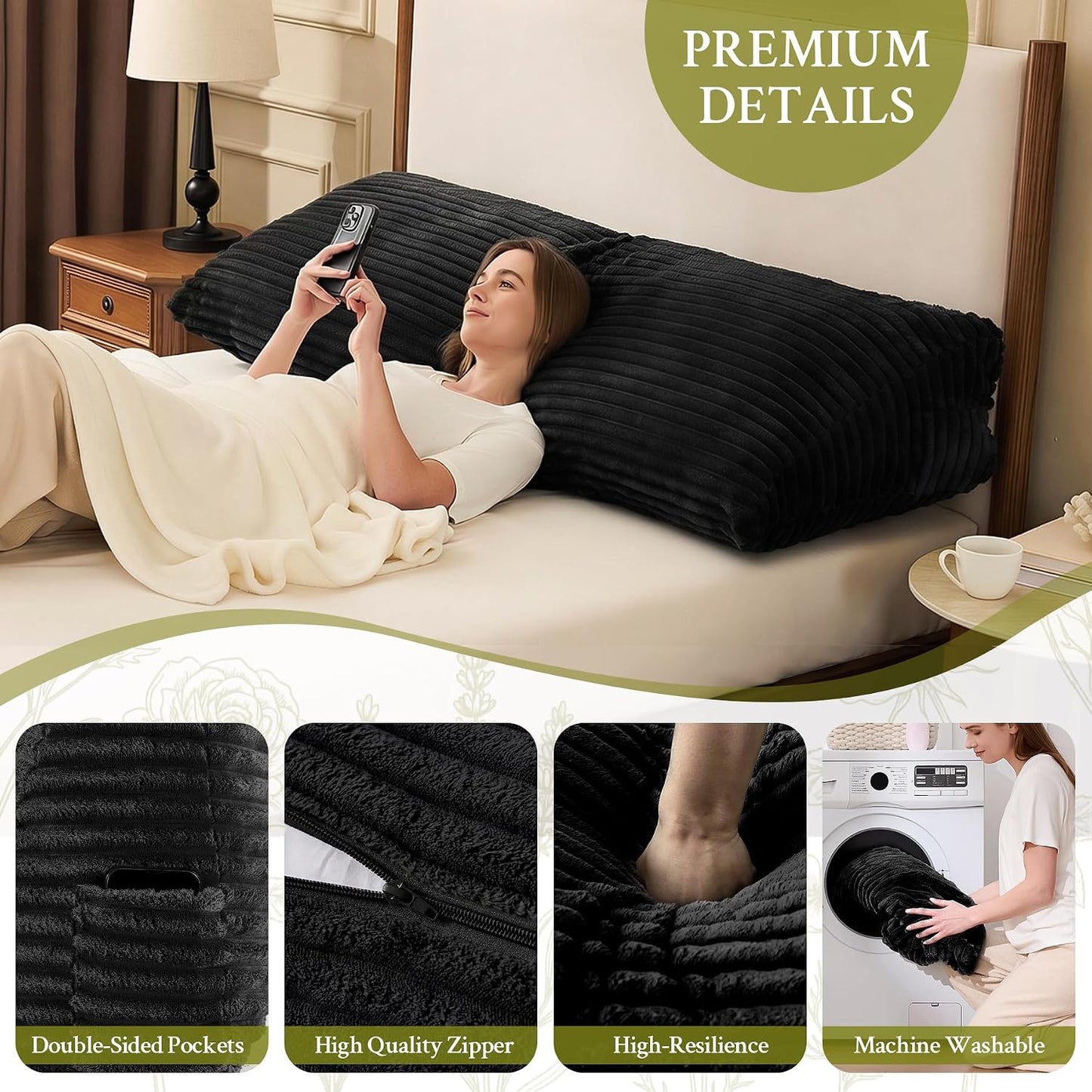 Headboard Pillow Queen, Headboard Wedge Pillow, Back Rest Pillows for Sitting, Reading, Working, Triangle Pillow with Removable Cover, Daybed Pillows for Bed Dorm Sofa, Dark Grey