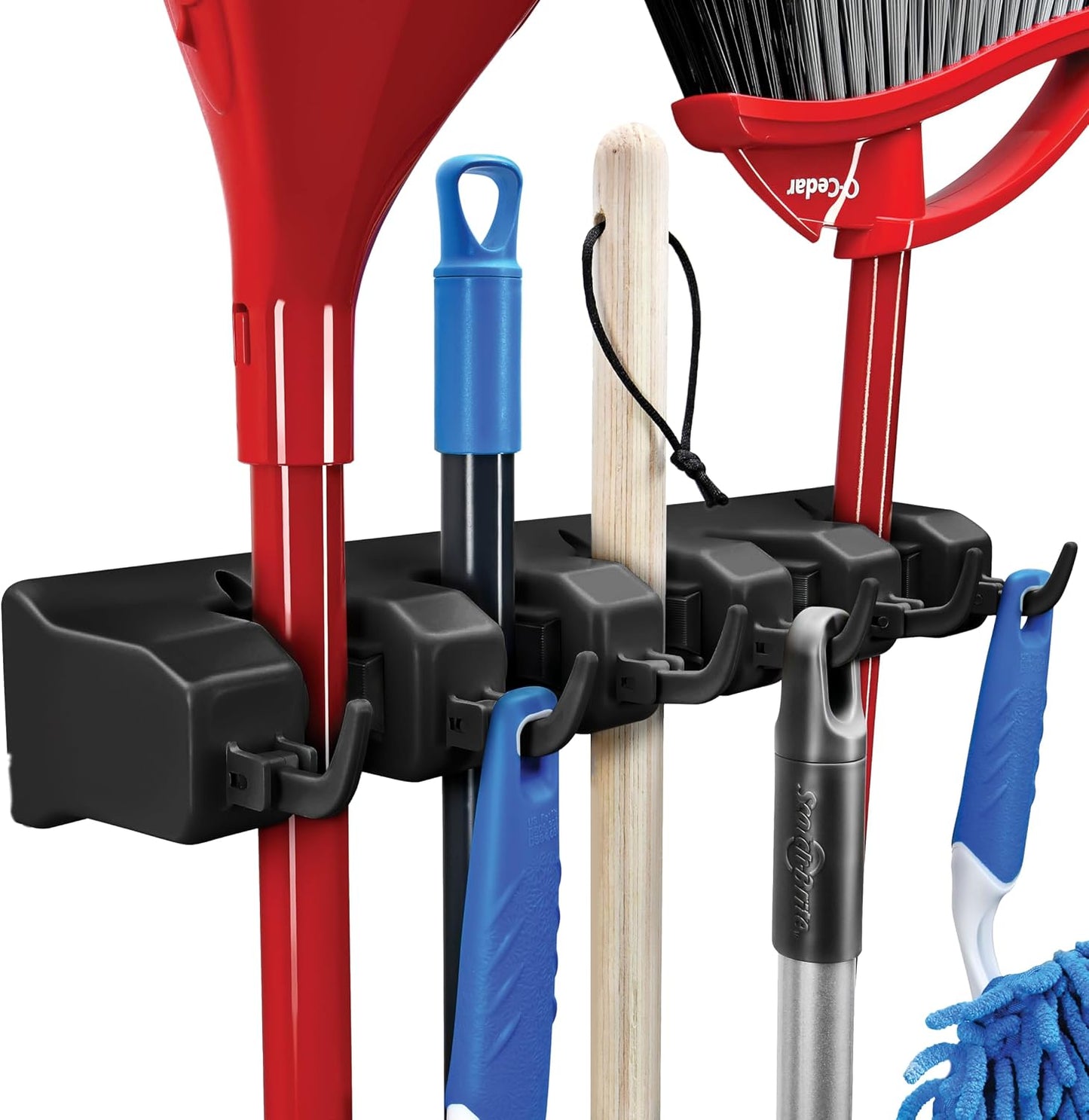 HOME IT Broom and Mop Holder Wall Mount – Heavy Duty Garage Organizer with 5 Slots & 6 Hooks, 7.5lbs Capacity Per Slot - Easy Install Storage Rack for Home, Kitchen, Laundry Room & Garden - Off-White