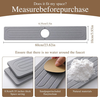 Diatomite Faucet Mat for Kitchen Sink, Quick-Dry Stone-Like Sink Mat, Flat Lay Absorbent Countertop Drying Mat for Faucet Area, Hard Diatomite Mat, Gray, 23.6 x 4 in