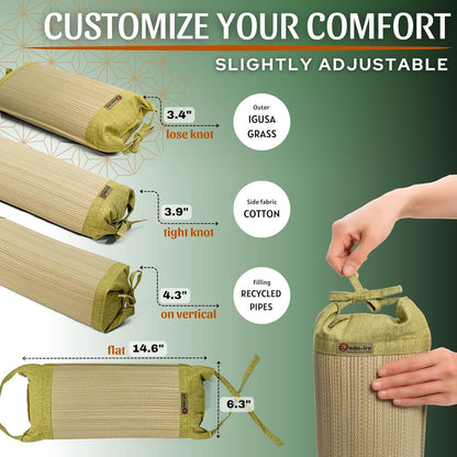 Japanese Neck Roll Pillow for Relaxation, Original Bolster Cylinder Pillow Made with Japanese Igusa Rush, Infused with HIBA Essence, Hard Cervical Pillow for Neck Stretch and Meditation, Made in Japan