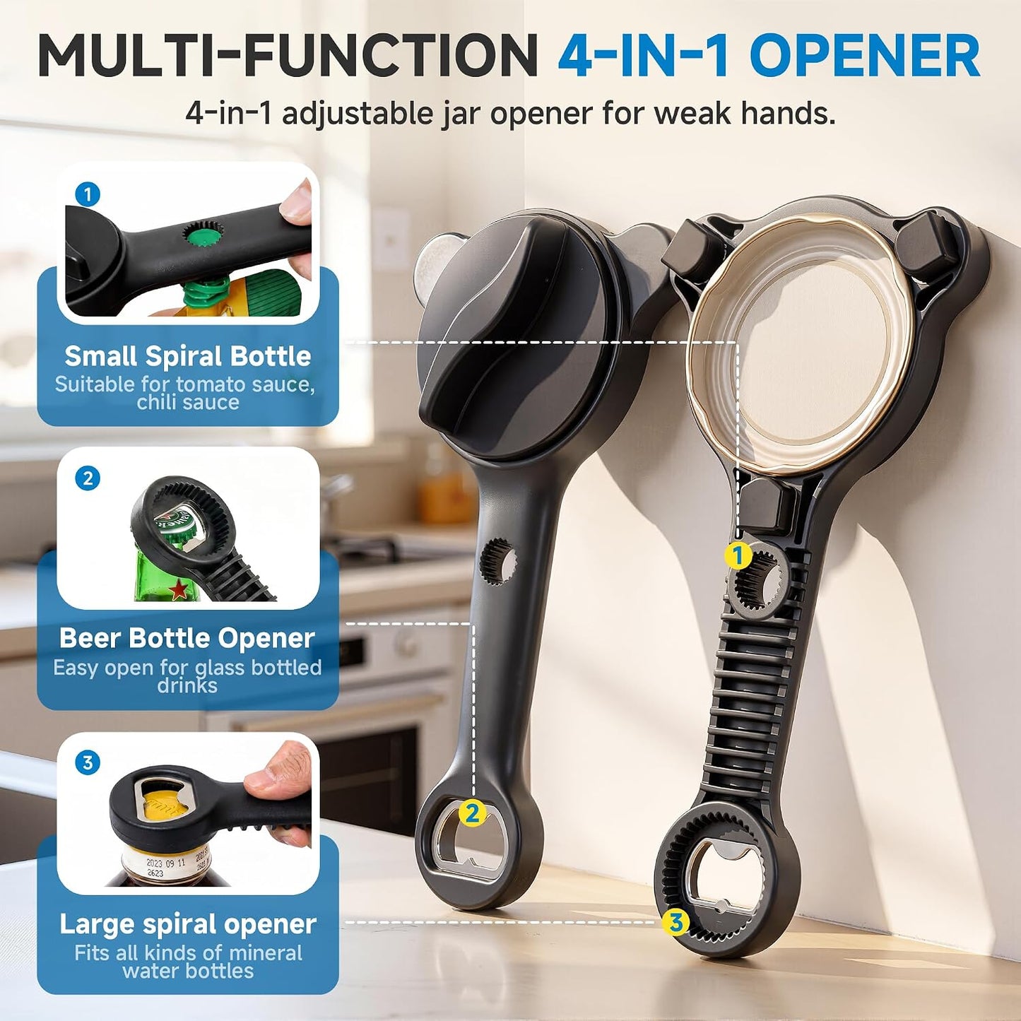 2026 Upgraded 4-in-1 Jar Opener - Adjustable Stainless Steel Lid Remover for Seniors & Arthritis Sufferers, Fits Kitchen Jars, Bottles & Cans Blue