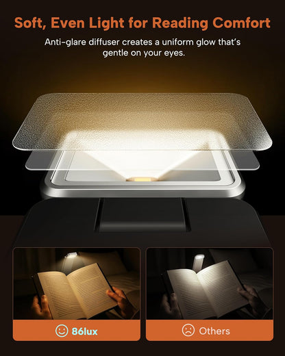 86lux Book Light, Rechargeable Reading Lights for Books in Bed | Ultralight Clip-on LED Bookmark Lamp with 3 Amber Colors & Stepless Dimming for Night Reading for Book Lovers, Ashen