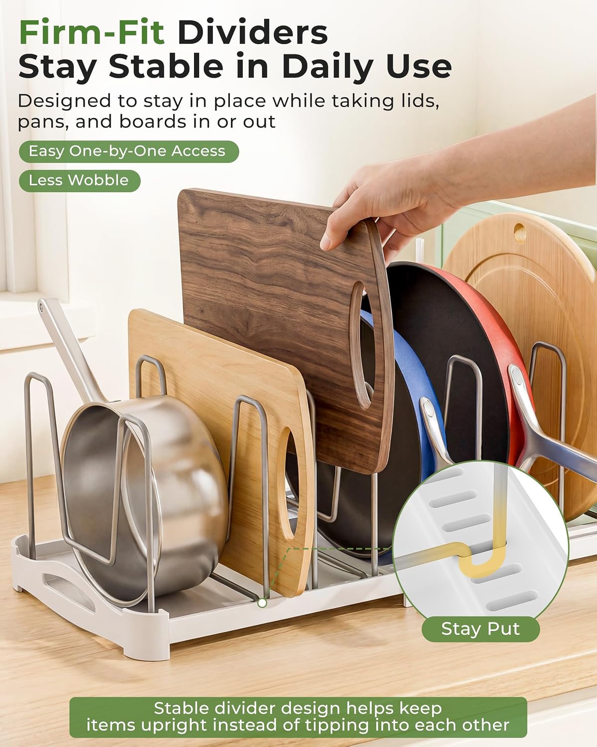 EVERIE Adjustable Cabinet Organizer for Pot Lids, Bakeware, Cookie Sheets & Cutting Boards, Upright Storage Rack for Kitchen Cabinet, Stable Dividers, 9.7" Deep, 12.6" to 21.5" Wide, GS02SS | 5mm Steel Dividers, Anti-Wobble, M-Slot for Lid Handles,