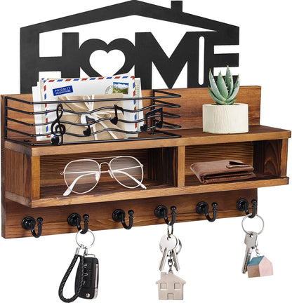 VIS'V Key Holder Wall Mount, Decorative Wood Mail and Key Organizer, White | Contains Iron Storage Basket, Small Shelf, 2 Compartments, 6 Hooks, for Entryway, Hallway, Doorway, Kitchen, Garage, RV