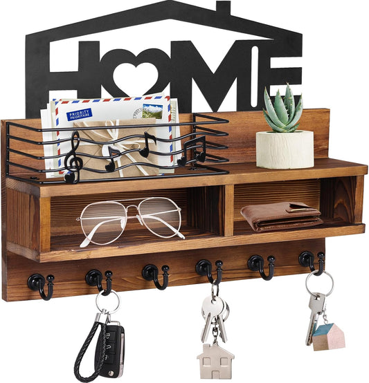 VIS'V Key Holder Wall Mount, Decorative Wood Mail and Key Organizer, White | Contains Iron Storage Basket, Small Shelf, 2 Compartments, 6 Hooks, for Entryway, Hallway, Doorway, Kitchen, Garage, RV