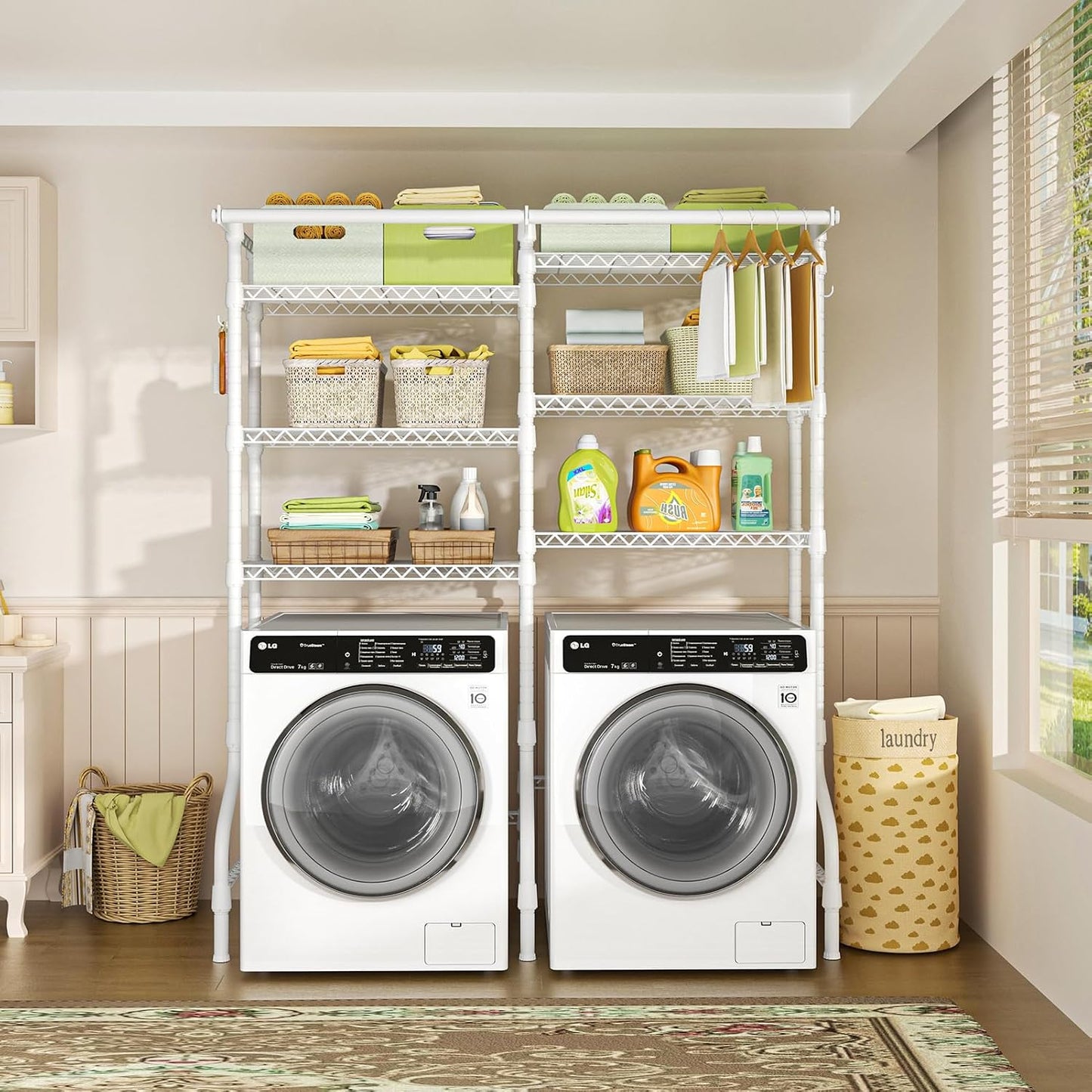 U13 Medium Over Washer and Dryer Storage Shelves, 6 Tiers Laundry Rack | Metal Clothes Drying Rack Space Saver with 2 Hanger Rods and Hooks, Laundry Room Standing Shelf Above Washer Dryer, White