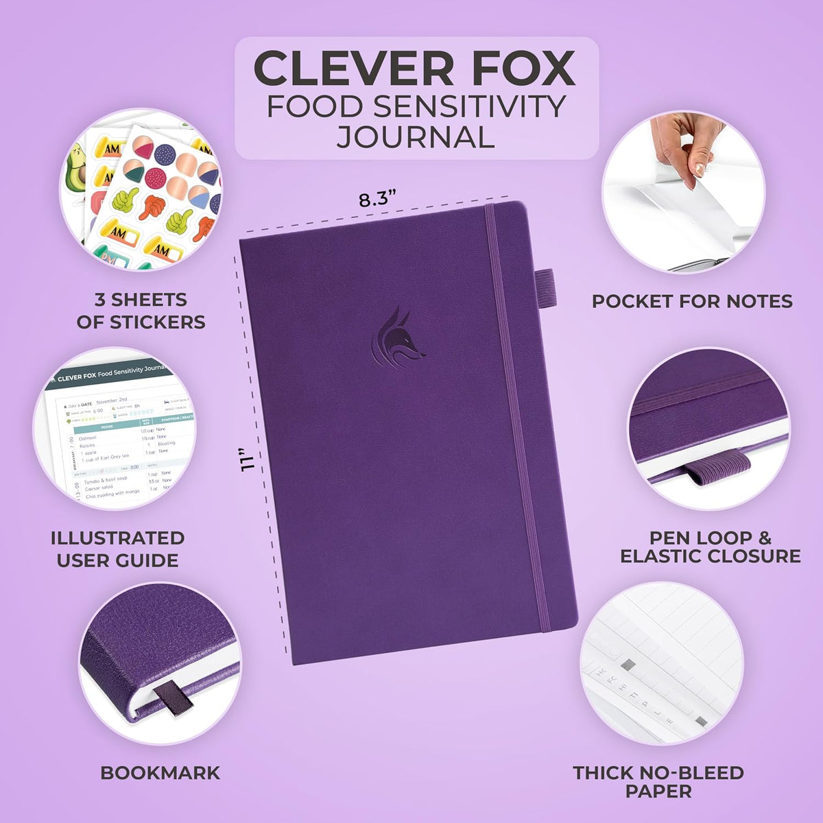 Clever Fox Food Sensitivity Journal & Symptom Diary, 8.5x11 Purple