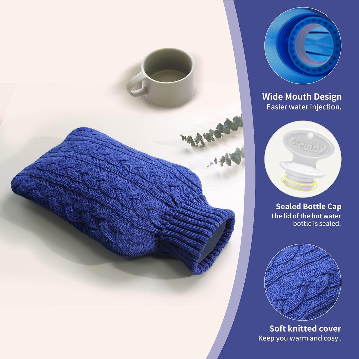 samply 2L Hot Water Bottle with Knitted Cover, Hot Water Bag, Purple