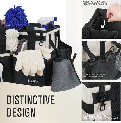 SCAVATA Compact Wearable Cleaning Caddy with Handle & Shoulder Straps | Small Cleaning Supplies Organizer, Under Sink & Car Cleaning Tools Storage Bag for Housekeepers Cleaners, Black